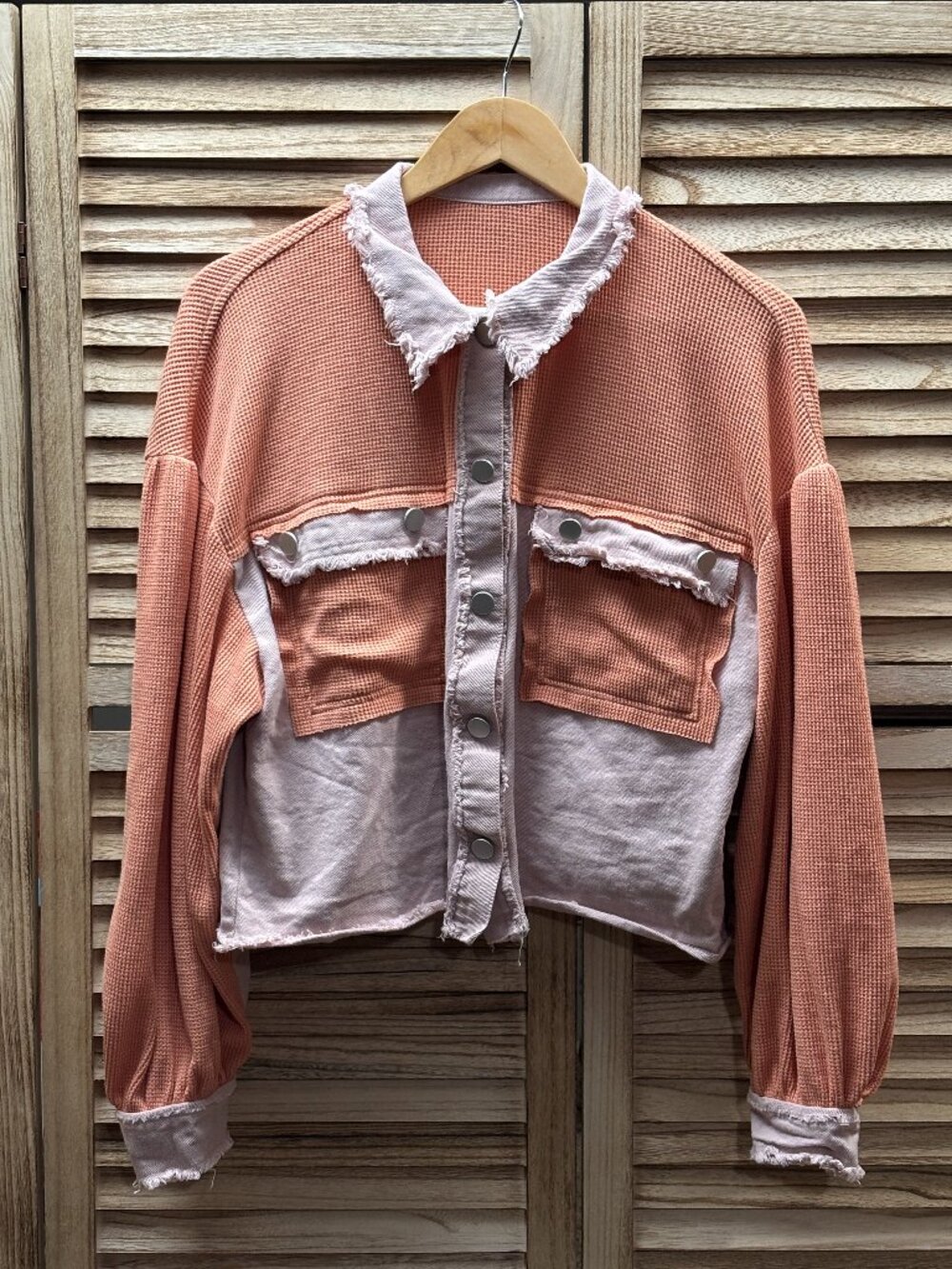 Chou Yatou Patchwork Crop Button Up Shacket Pink Peach Frayed Hem Size M